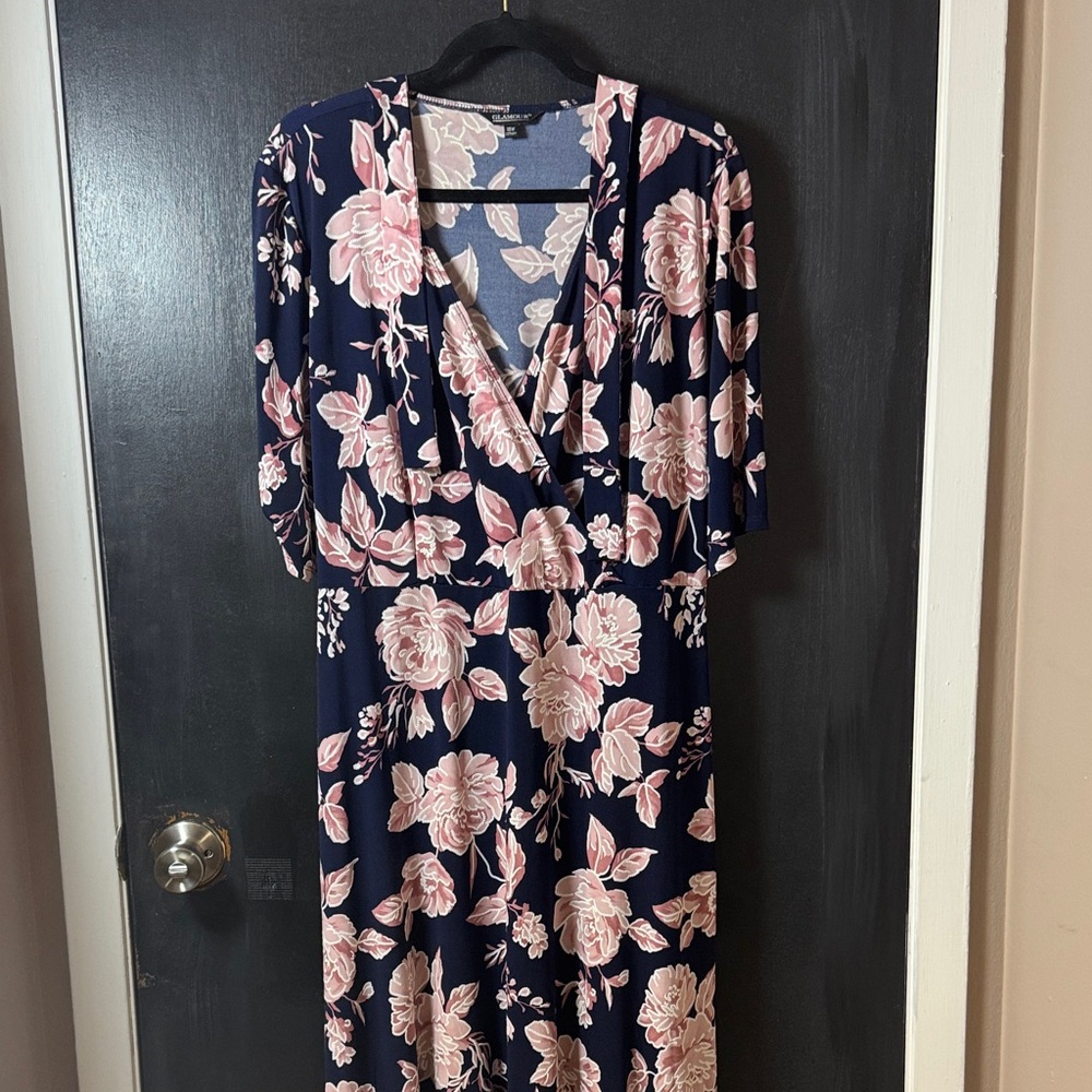 Glamour Navy and Pink Floral Long Sleeve Dress